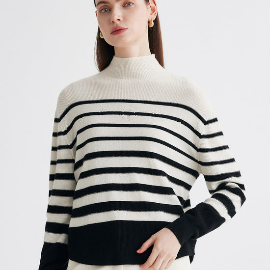 COMOBOCA Striped 100% Cashmere Women's Striped Mock Neck Knit Sweater
