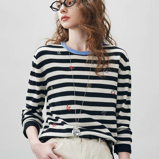 COMOBOCA 100% Wool Women's Striped Embroidered Sweater
