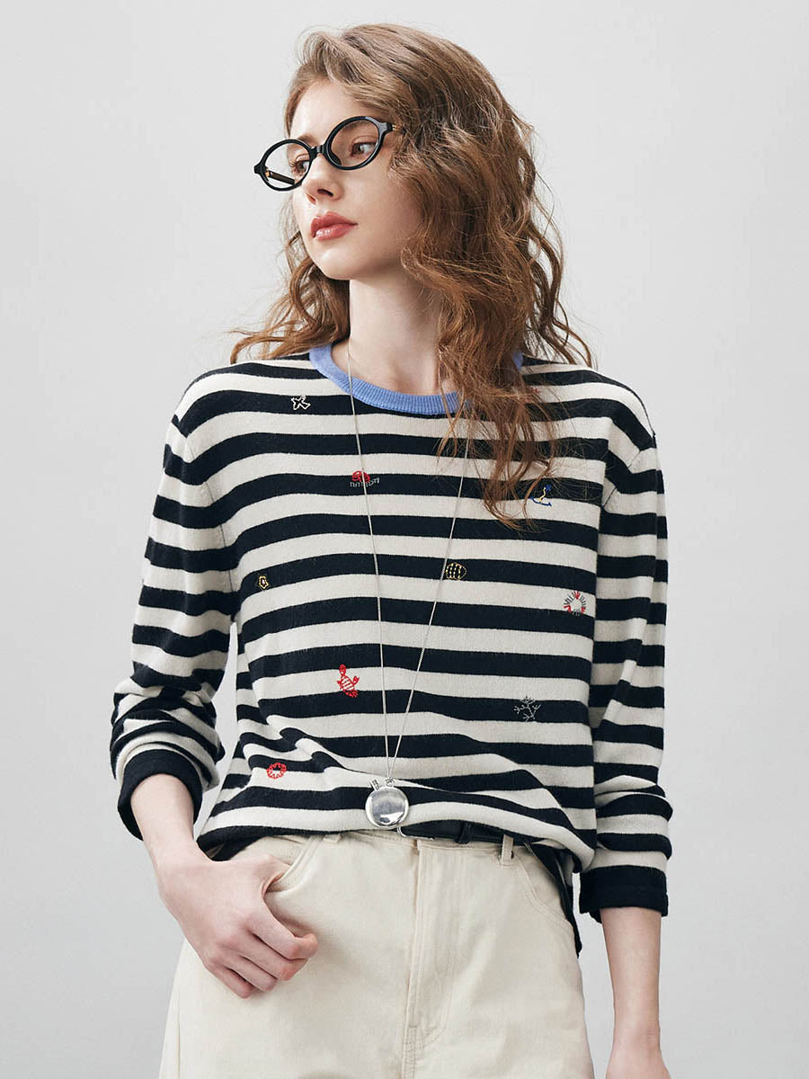 COMOBOCA 100% Wool Women's Striped Embroidered Sweater