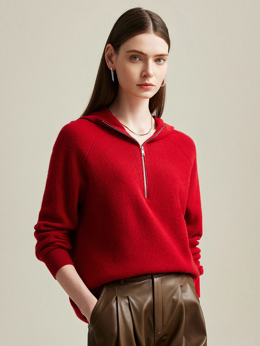 COMOBOCA 100% Cashmere Women's Zip-Up Ribbed Hoodie