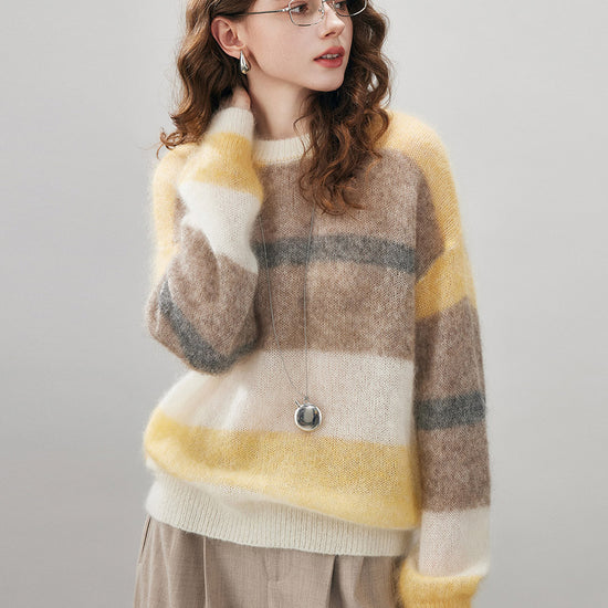 COMOBOCA Women's Mohair Striped Round Neck Sweater