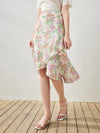 COMOBOCA Lavender Bloom 100% Mulberry Silk Women's Floral Ruffle Midi Skirt