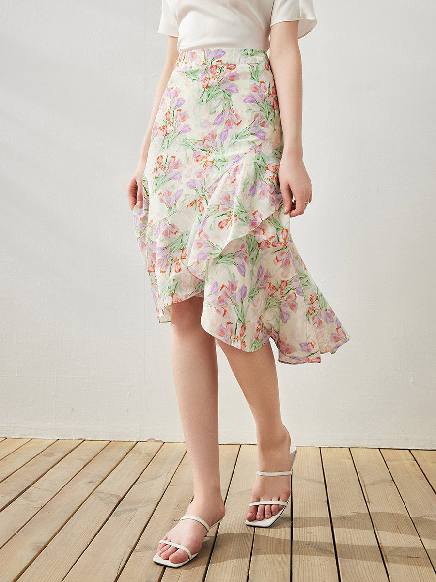 COMOBOCA Lavender Bloom 100% Mulberry Silk Women's Floral Ruffle Midi Skirt