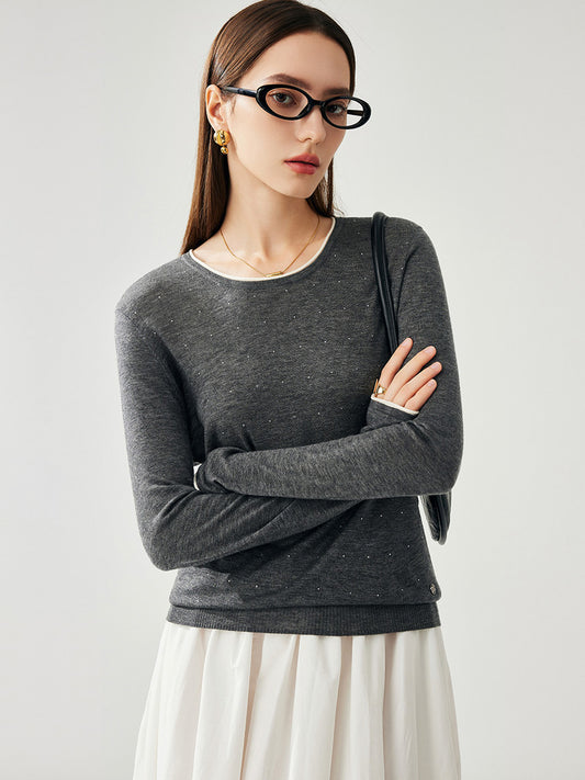 COMOBOCA Gray Women's Rhinestone Detail Crewneck Knit Sweater