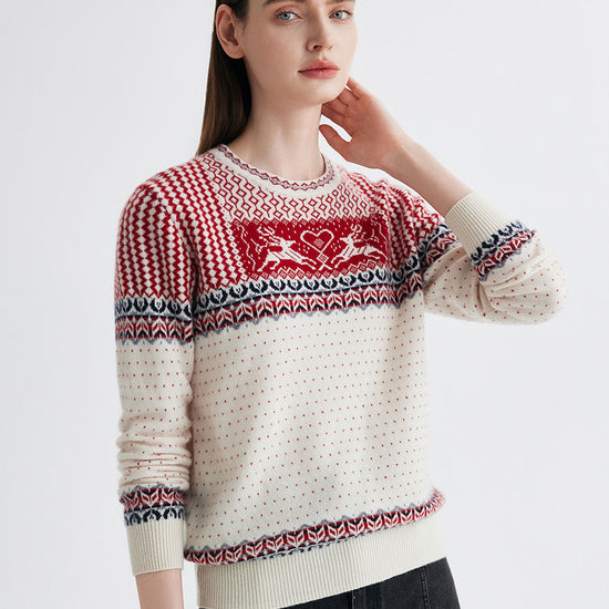 COMOBOCA 100% Cashmere Women's Fair Isle Reindeer Sweater