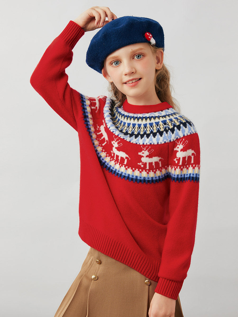 COMOBOCA 100% Wool Kids' Fair Isle Reindeer Round Neck Sweater