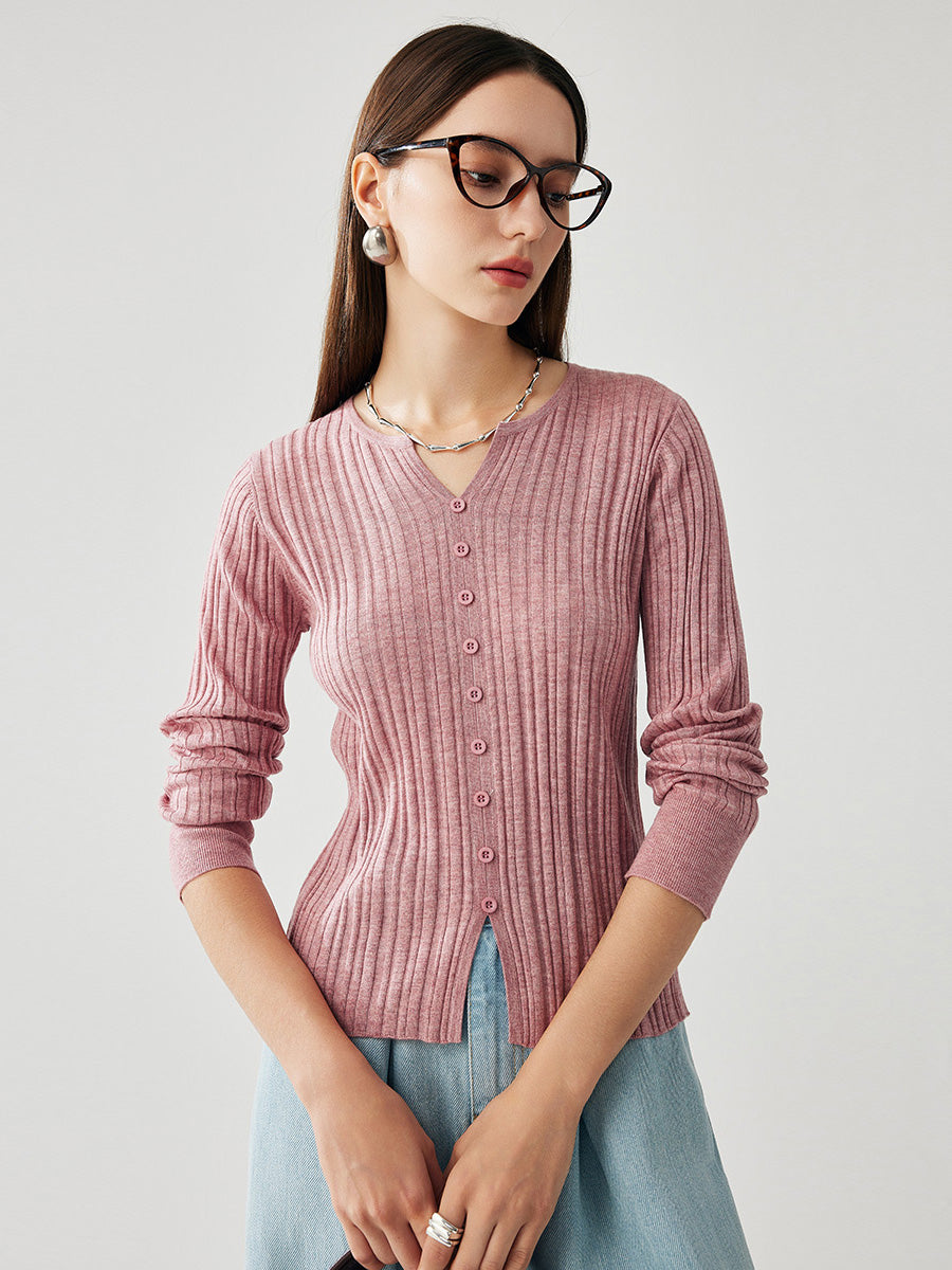 COMOBOCA Pink Women's Ribbed V-Neck Faux Cardigan Sweater