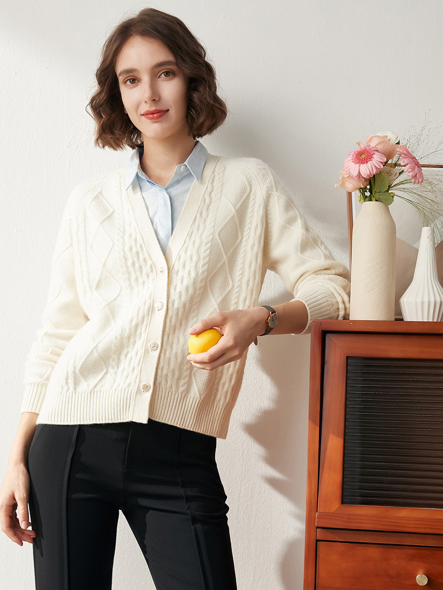 COMOBOCA 100% Cashmere Women's V-Neck Cable Knit Cardigan