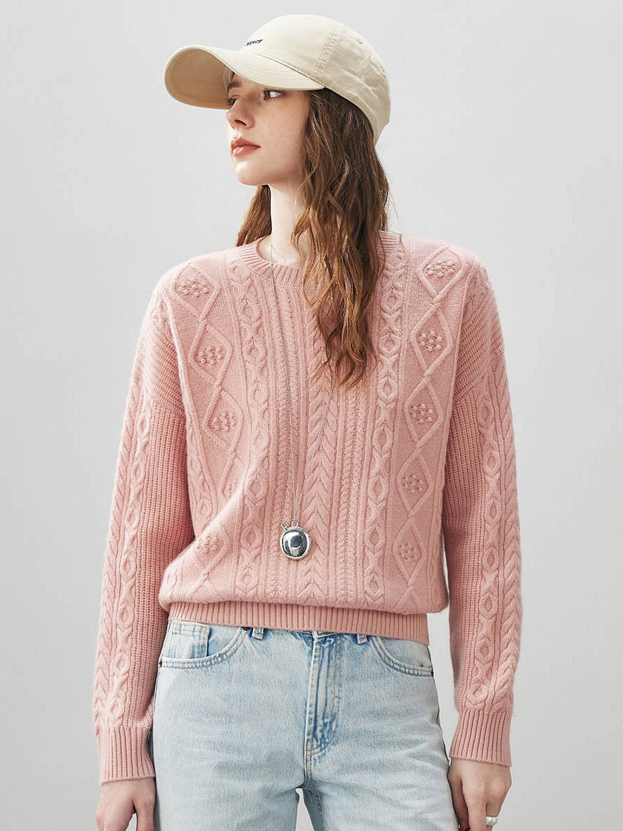 COMOBOCA 100% Wool Women's Cable Round Neck Knit Sweater