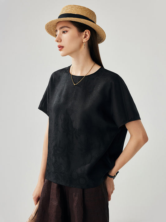 COMOBOCA Women's Dual Color T-Shirt with Textured Floral
