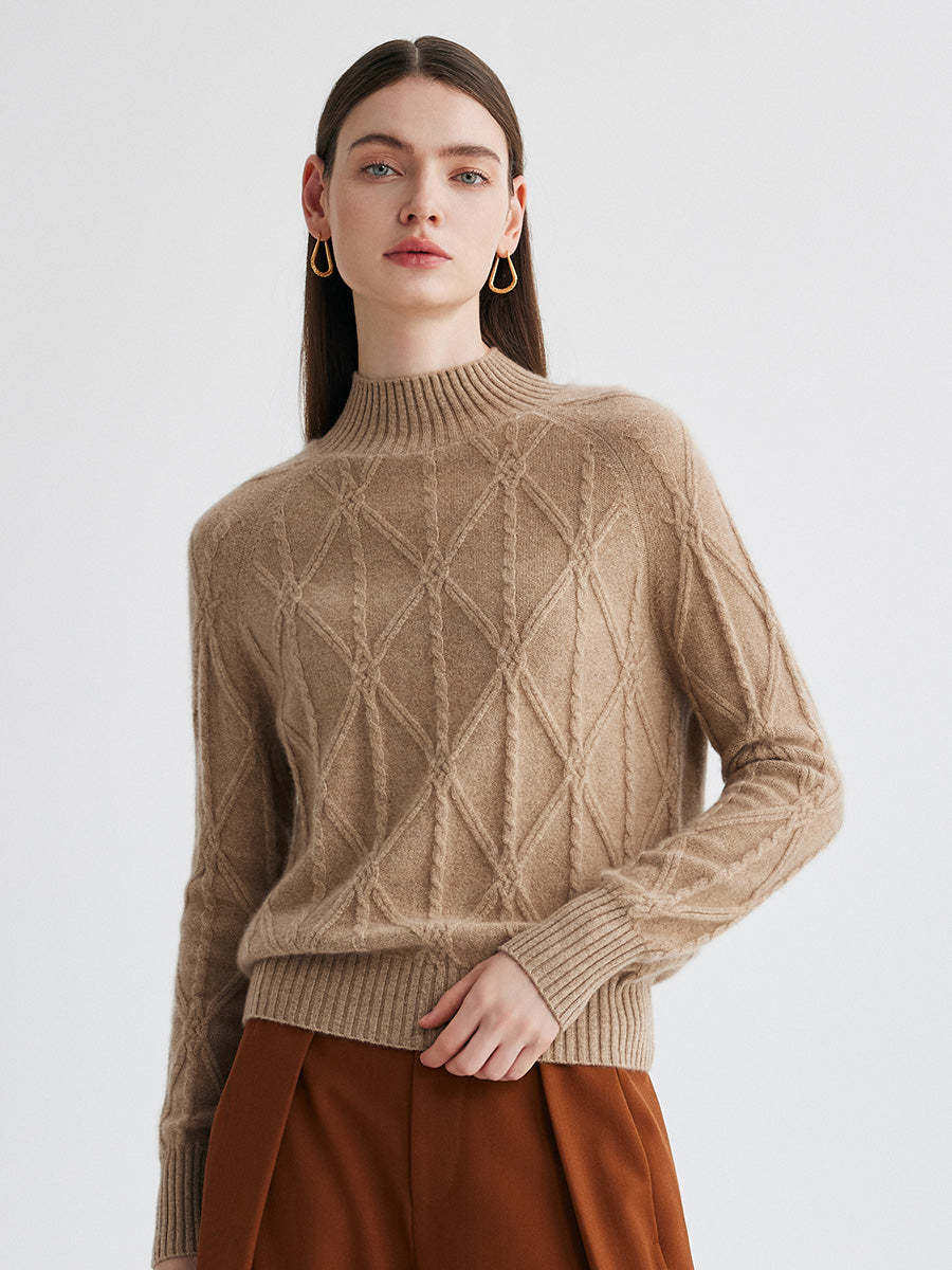 COMOBOCA 100% Cashmere Women's Cable Knit Mock Neck Sweater