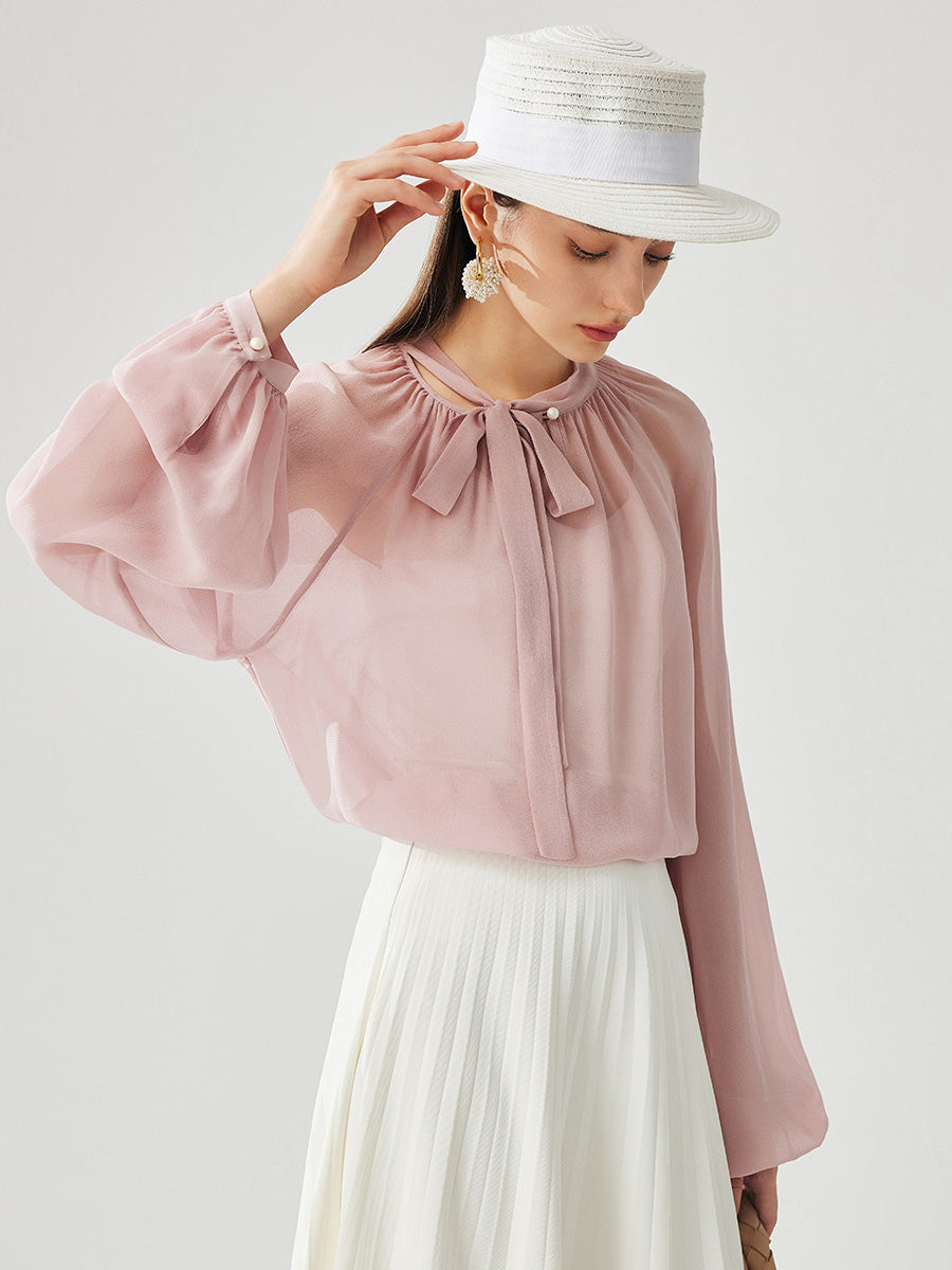 COMOBOCA Pink 100% Mulberry Silk Women's Bow Tie Blouse