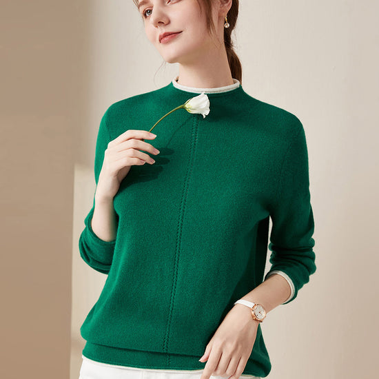 COMOBOCA Green 100% Cashmere Women's Ribbed Contrast Trim Sweater