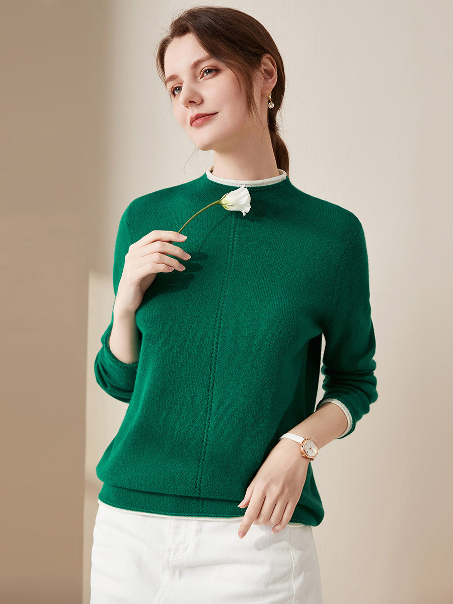 COMOBOCA Green 100% Cashmere Women's Ribbed Contrast Trim Sweater