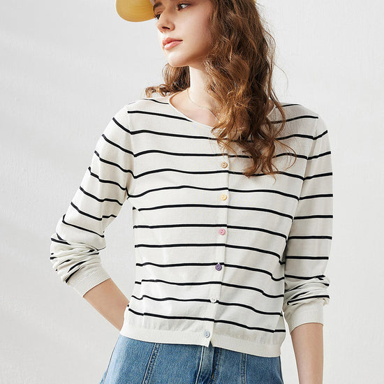 COMOBOCA Black Women's Striped Button-Down Cardigan