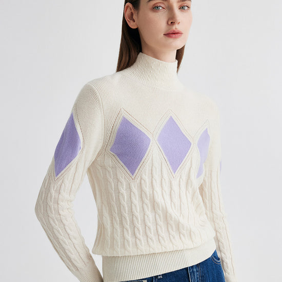 COMOBOCA 100% Cashmere Women's Argyle Cable Turtleneck Knit Sweater