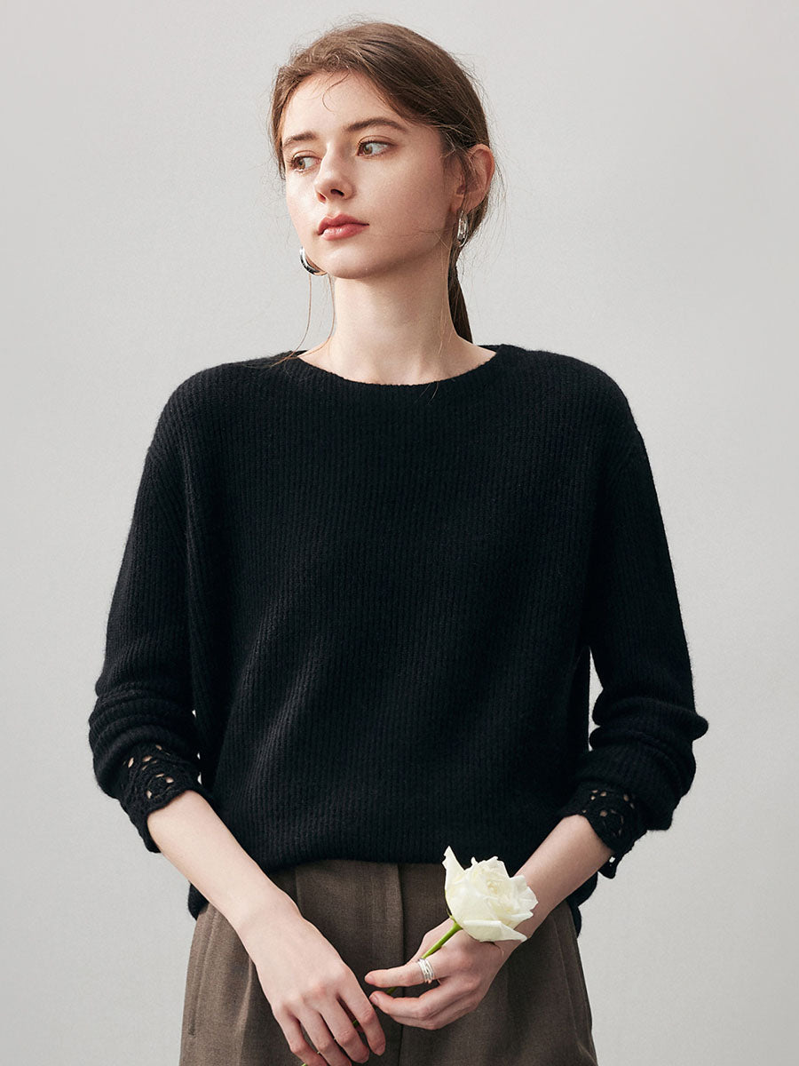 COMOBOCA Black 100% Cashmere Women's Ribbed Crochet Lace Cuffs Sweater