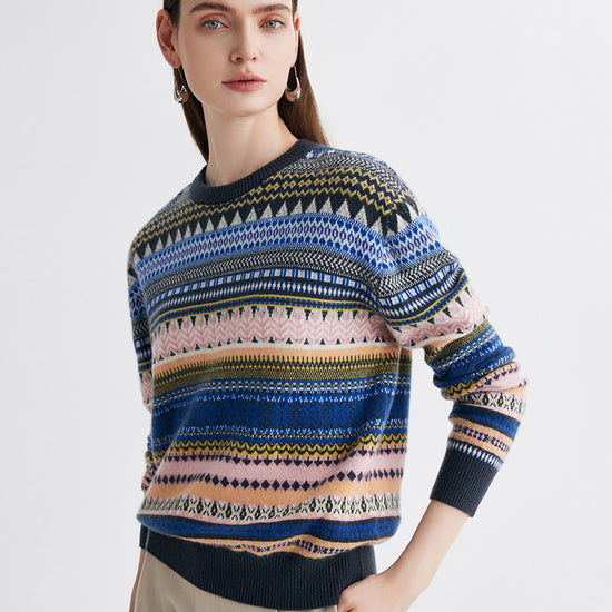 COMOBOCA 100% Cashmere Women's Fair Isle Round Neck Sweater