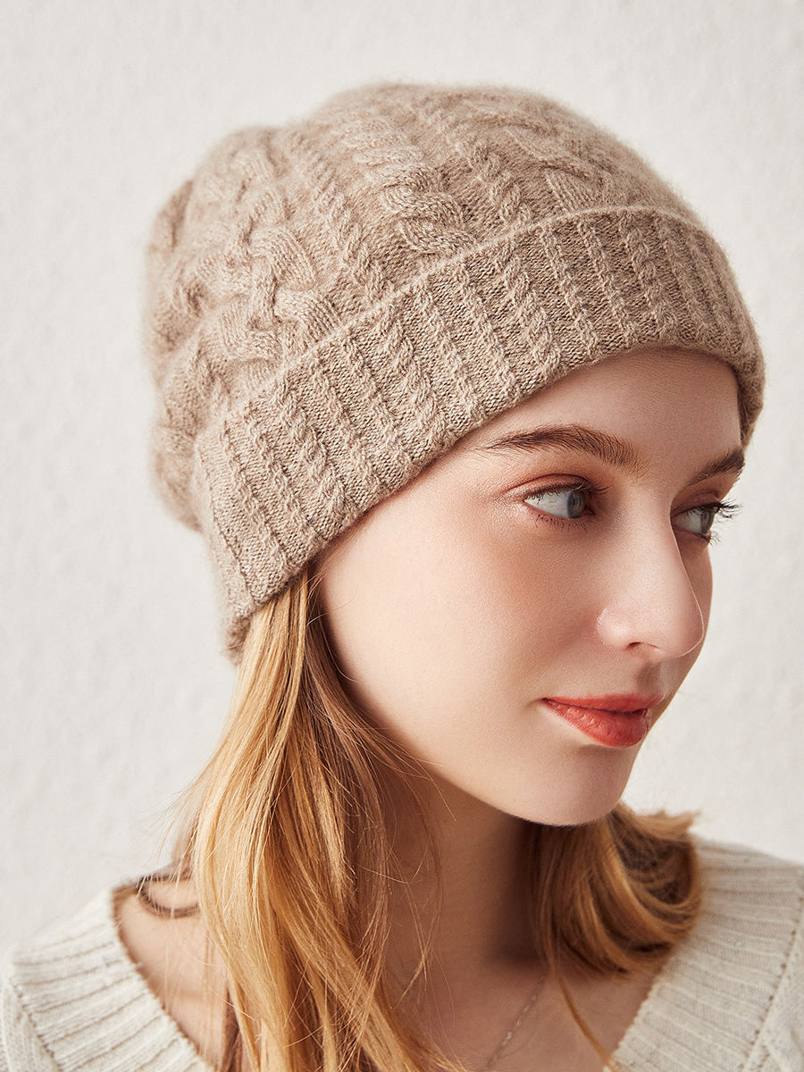 COMOBOCA 100% Cashmere Stylish Cable Knit Beanie