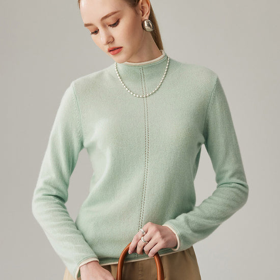 COMOBOCA Moonlight Green 100% Cashmere Women's Ribbed Contrast Trim Sweater