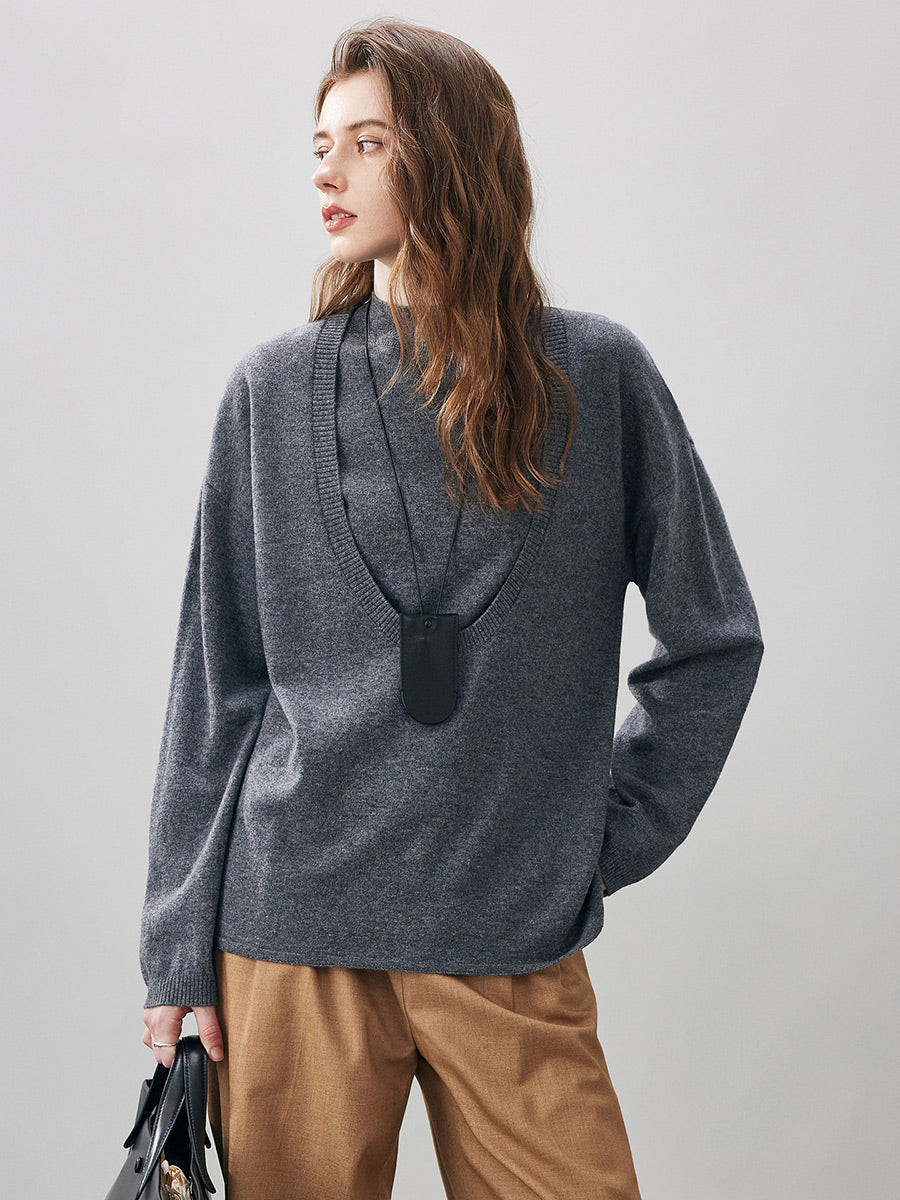 COMOBOCA Gray 100% Wool Women's Oversized U-Neck Sweater