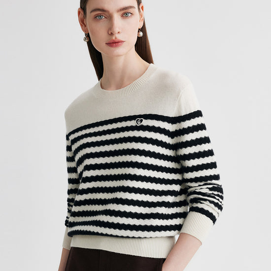 COMOBOCA 100% Cashmere Women's Striped Round Neck Sweater