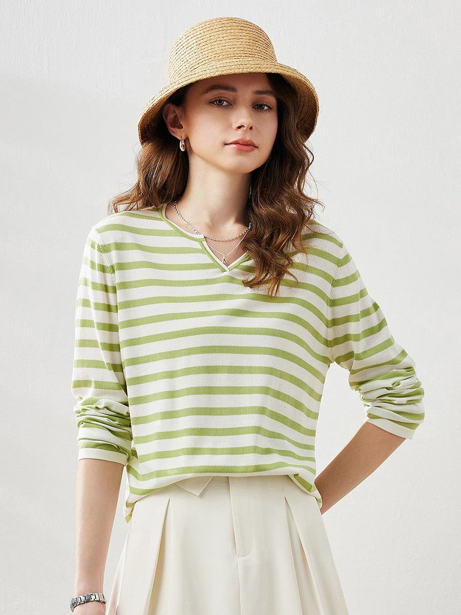 COMOBOCA Women's Striped Long Sleeve V-Neck T-Shirt