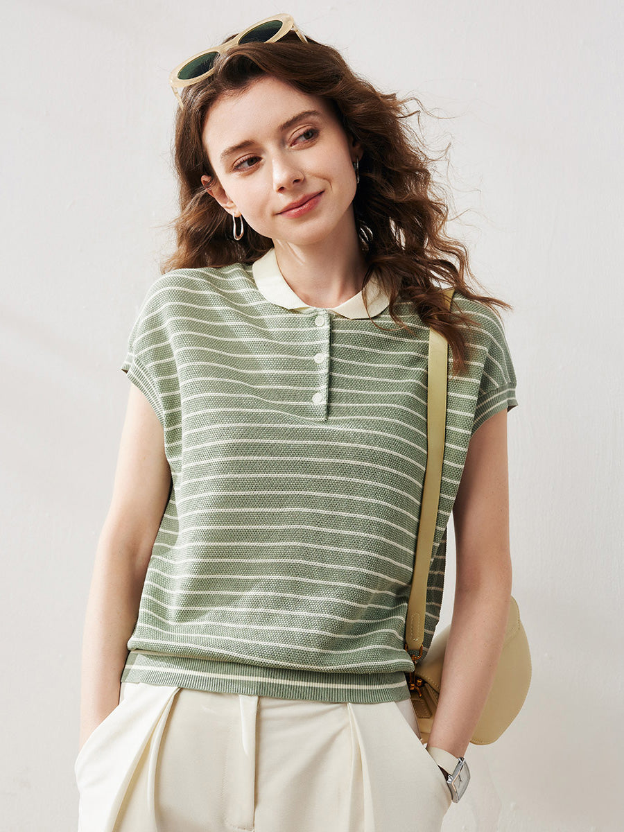 COMOBOCA Women's Cotton Silk Striped Knit Polo Shirt