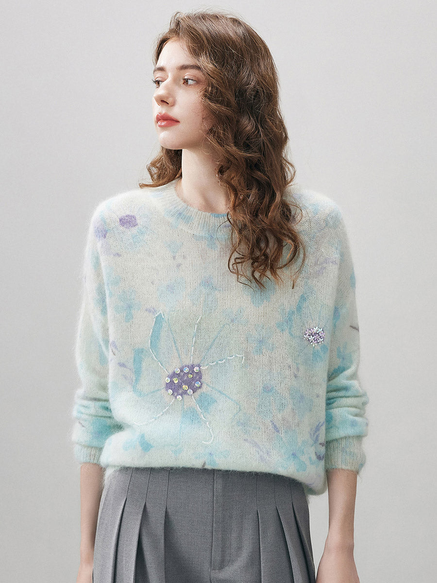 COMOBOCA Women's Floral Printed Round Neck Sweater