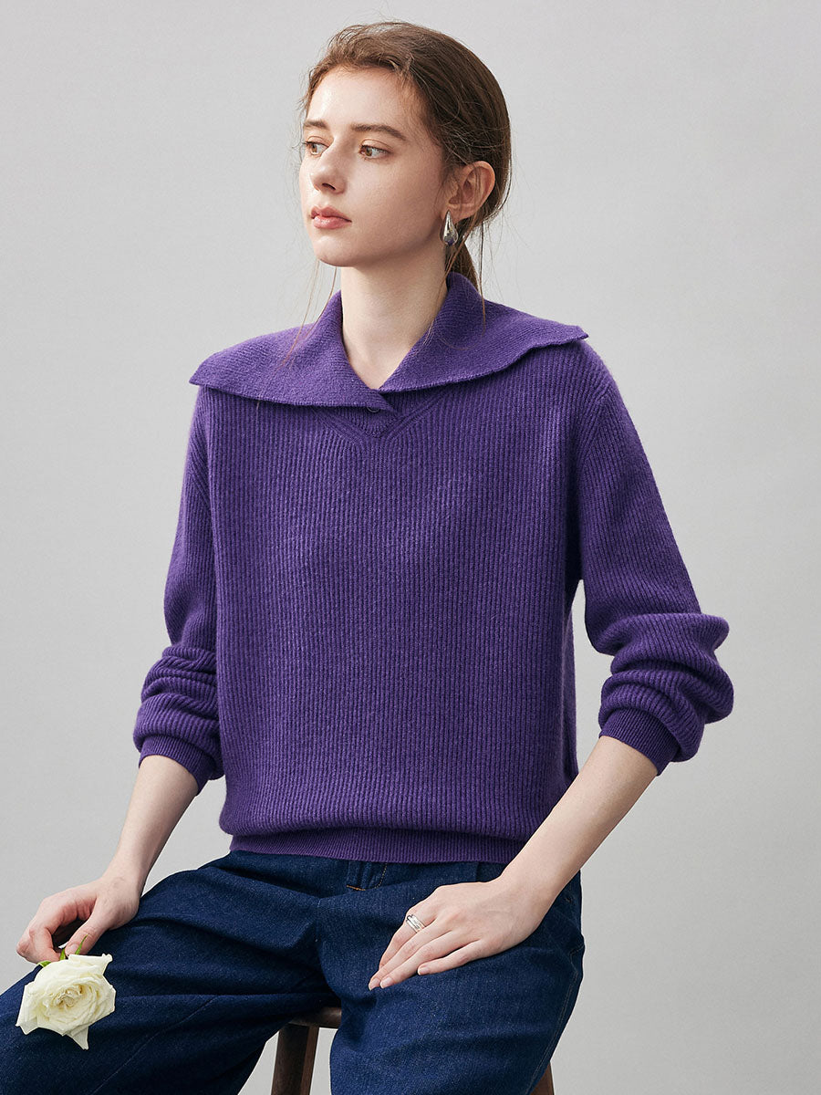 COMOBOCA 100% Cashmere Women's Ribbed Sailor Collar Knit Sweater