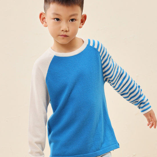 COMOBOCA 100% Wool Kid's Color Block Striped Sleeve Knit Sweater
