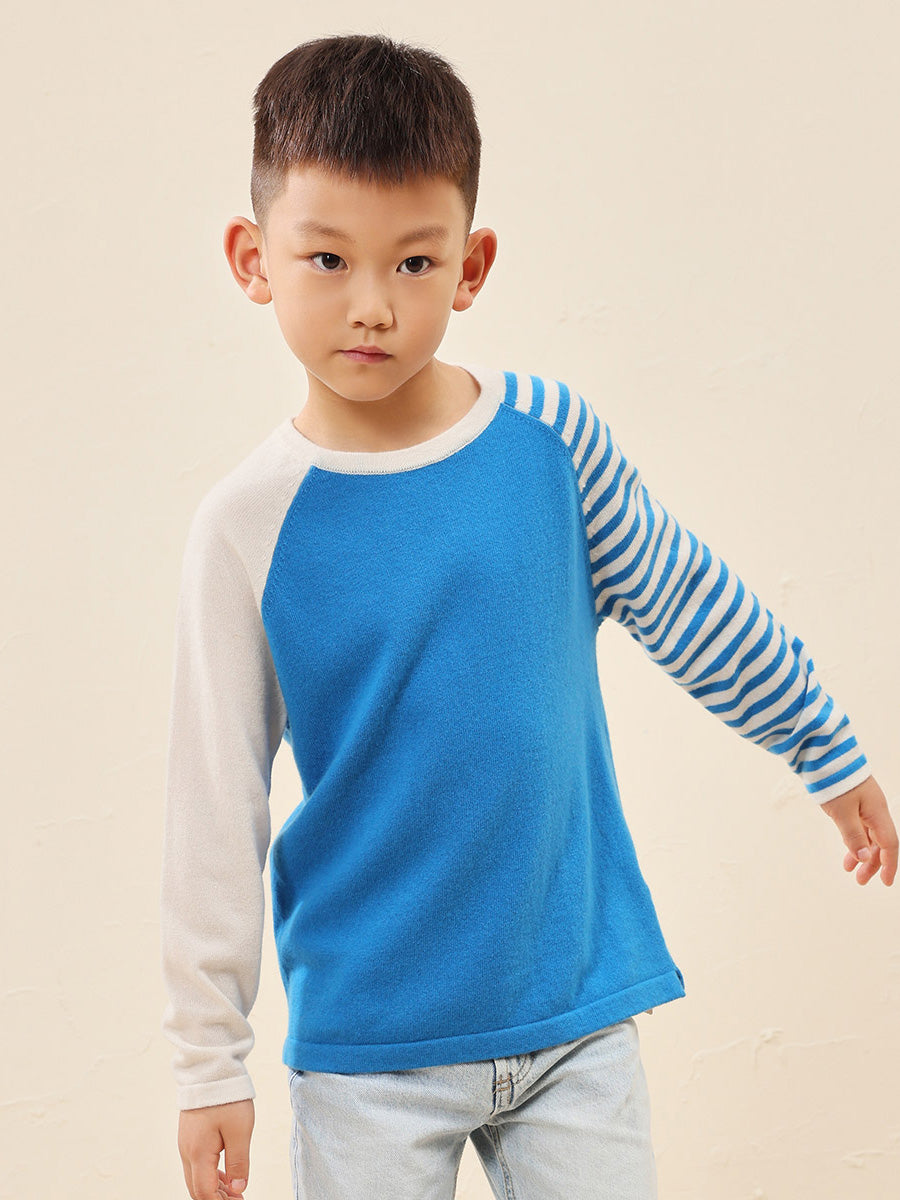 COMOBOCA 100% Wool Kid's Color Block Striped Sleeve Knit Sweater
