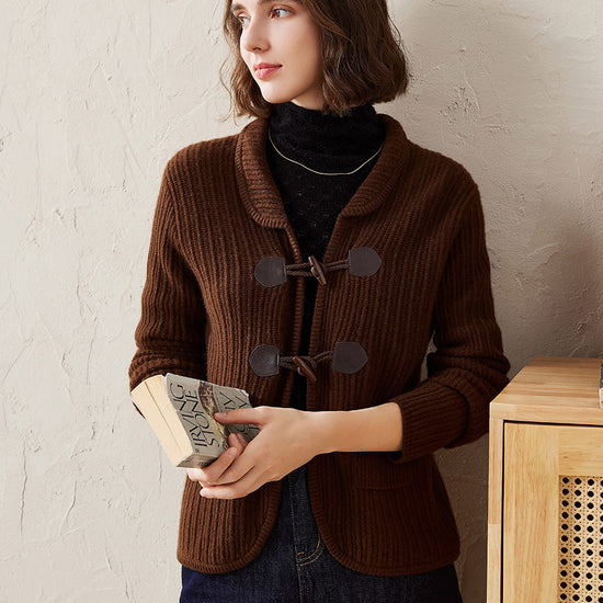 COMOBOCA Coffee 100% Cashmere Women's Toggle Closure Knit Cardigan