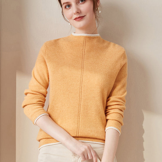 COMOBOCA 100% Cashmere Women's Ribbed Contrast Trim Sweater