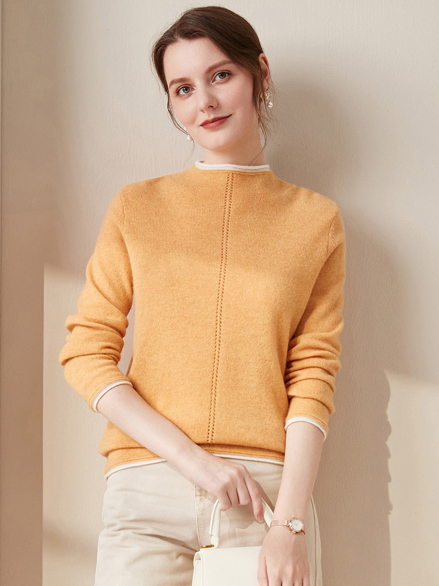 COMOBOCA 100% Cashmere Women's Ribbed Contrast Trim Sweater