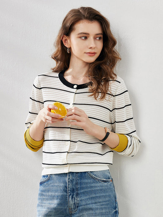 COMOBOCA Women's Striped Ribbed Button Down Cardigan