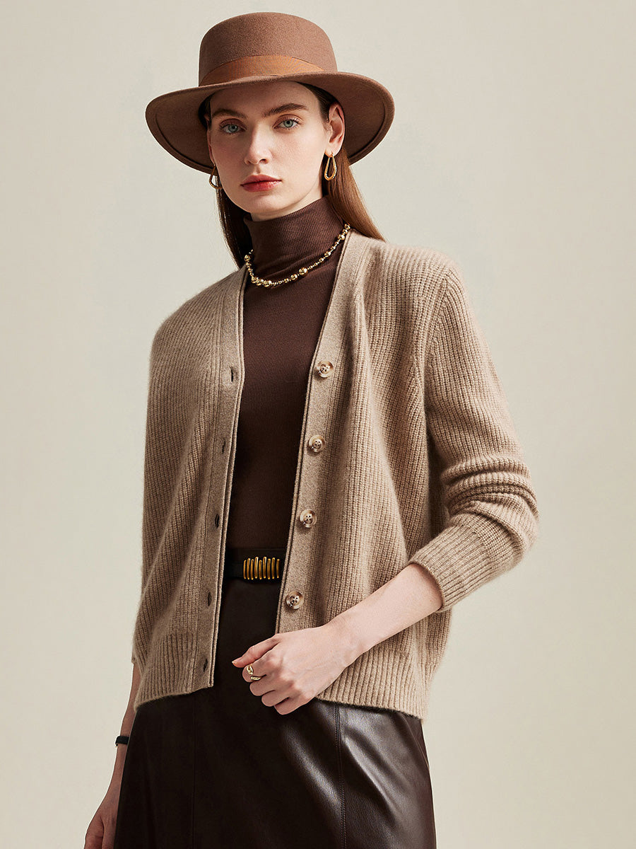 COMOBOCA Camel 100% Cashmere Women's V-Neck Ribbed Button Cardigan