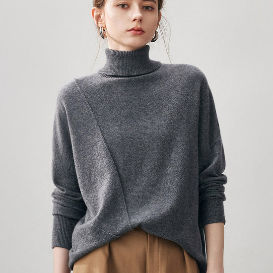 COMOBOCA Gray 100% Cashmere Women's Asymmetric Turtleneck Sweater