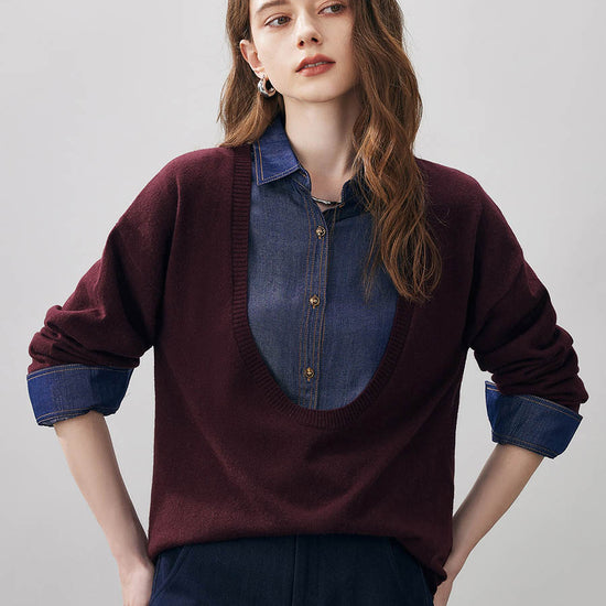 COMOBOCA Deep Red 100% Wool Women's Oversized U-Neck Sweater