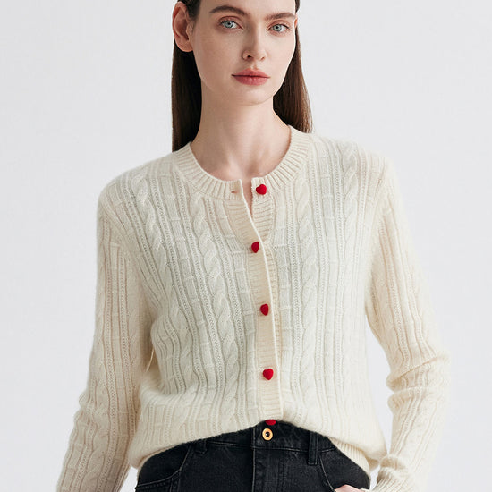 COMOBOCA Beige 100% Cashmere Women's Cable Button Front Knit Cardigan