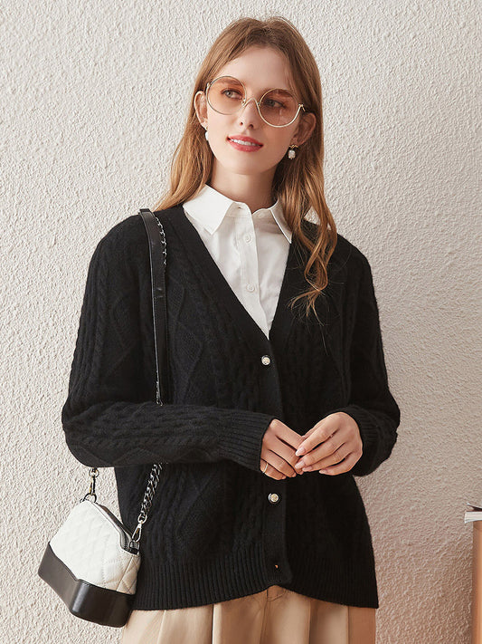 COMOBOCA Black 100% Cashmere Women's V-Neck Cable Knit Cardigan