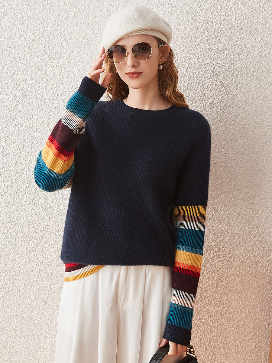 COMOBOCA Striped 100% Cashmere Women's Striped Round Neck Sweater