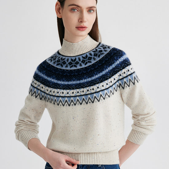 COMOBOCA 100% Cashmere Women's Fair Isle Mock Neck Sweater