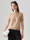 COMOBOCA Camel 100% Wool Women's Mock Neck Striped Ribbed T-Shirt