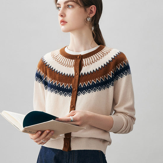 COMOBOCA 100% Cashmere Women's Fair Isle Button Front Cardigan