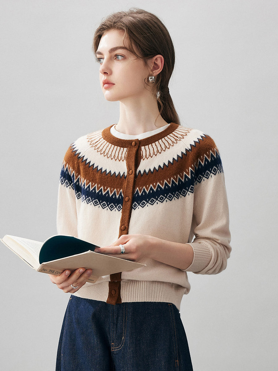 COMOBOCA 100% Cashmere Women's Fair Isle Button Front Cardigan