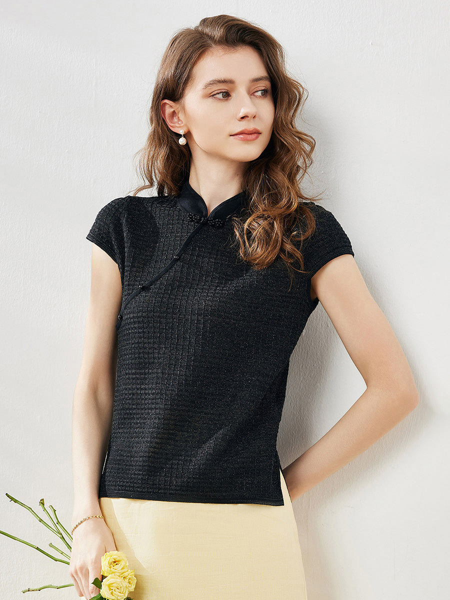 COMOBOCA Black Women's Textured Pearl Accents Blouse