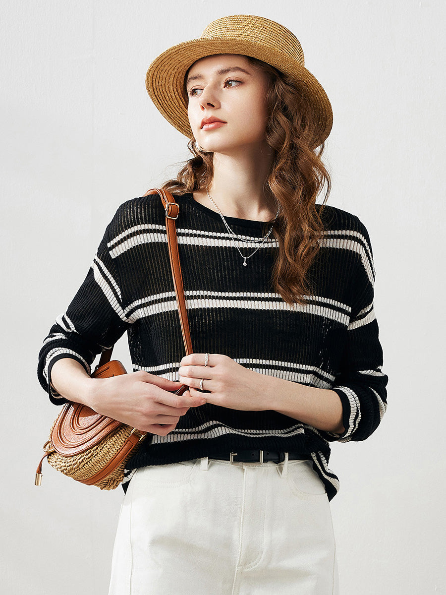 COMOBOCA Black Women's Striped Ribbed Round Neck Sweater