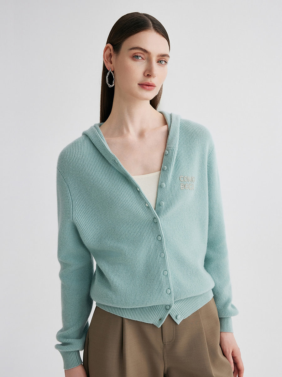 COMOBOCA 100% Cashmere Women's Button Up Knit Hoodie