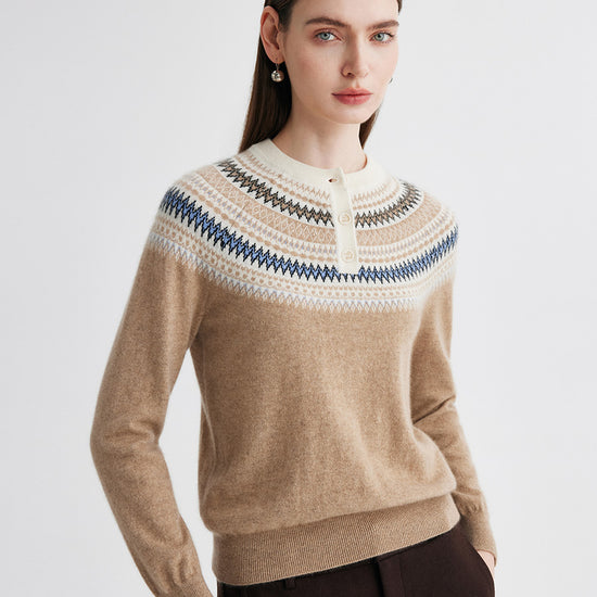 COMOBOCA 100% Cashmere Women's Fair Isle Henley Neck Sweater